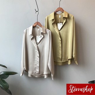 Sterrashop - Souffle satin shirt เสื้อเชิ้ตผ้าซาติน แขนยาว แบบสวมคอS