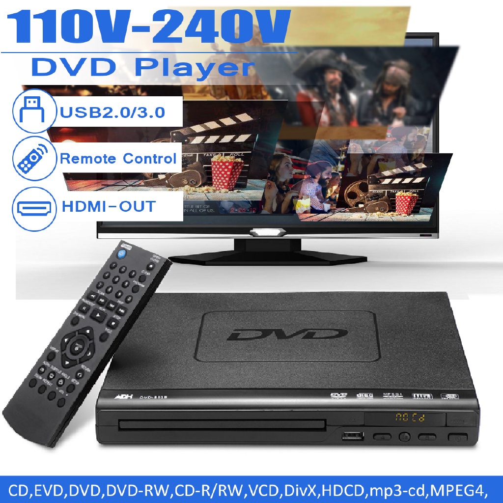 เครื่องเล่น DVD 15W AC 110V-240V 1080P USB 2.0 3.0 มัลติมีเดียดิจิทัล DVD TV รองรับ HDMI CD SVCD VCD MP3 ขนาดพกพา
