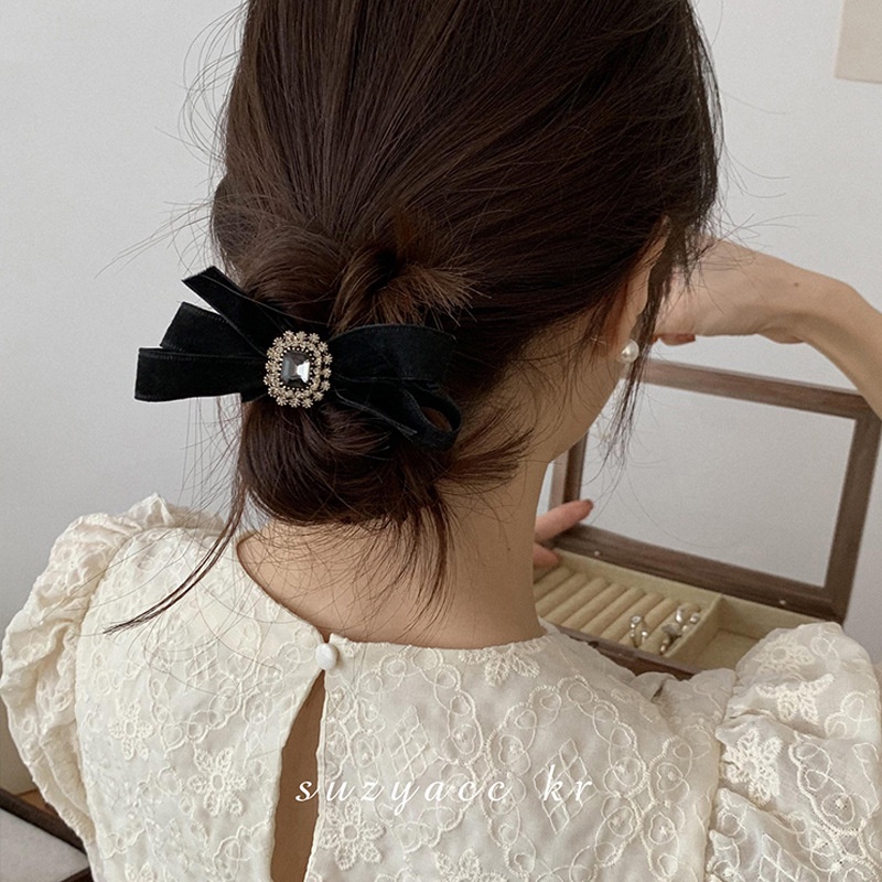 ที่คาดผมโบว์กำมะหยี่ Rhinestone ยางรัดผมหางม้าสูง ยางมัดผม