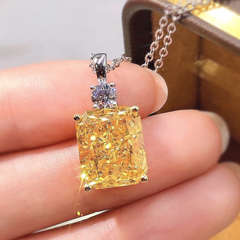 100% 925 เงินสเตอร์ลิง Gorgeous สีเหลืองสแควร์ Cubic Zirconia Pendent สร้อยคอผู้หญิงที่ละเอียดอ่อนสร้อยคอหมั้น Ladys อินเทรนด์เครื่องประดับ