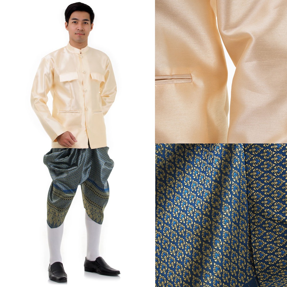 ชุดไทยชายราชปะแตนชุดไทยงานแต่งงานหมั้นเสื้อราชปะแตนผ้าไหมเทียมสีครีมหรือสีทอง