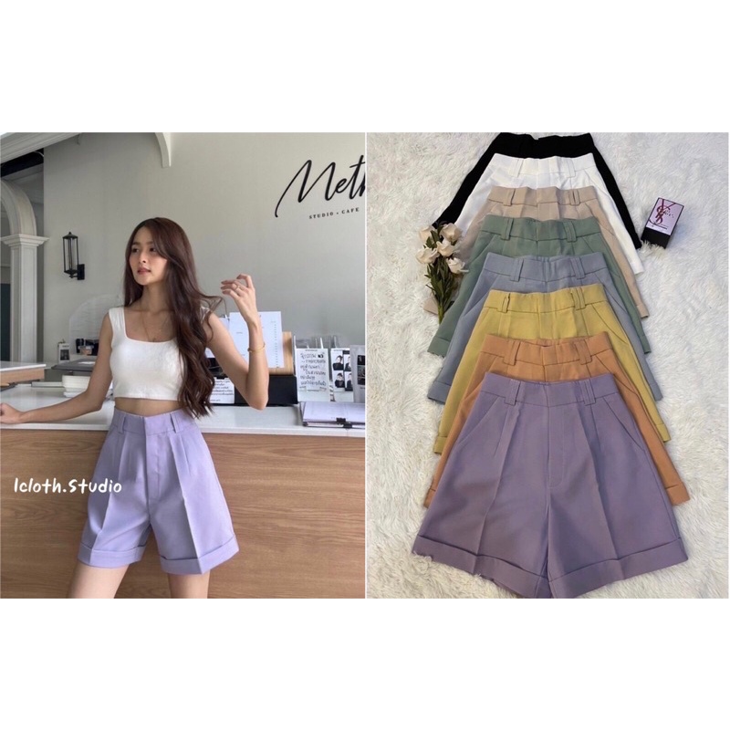Kisses pants กางเกงขาสั้นเบสิคสไตล์ ผ้าไมโคร แต่งหูเข็ดขัด ปลายขาพับ