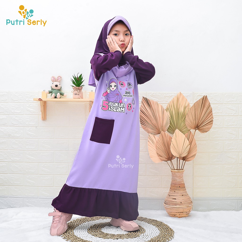 Gamisเด็กน่ารักพร้อมสกรีนอิสลาม Combed 20s, Gamis สําหรับเด็ก, Hijab 1 ชุด