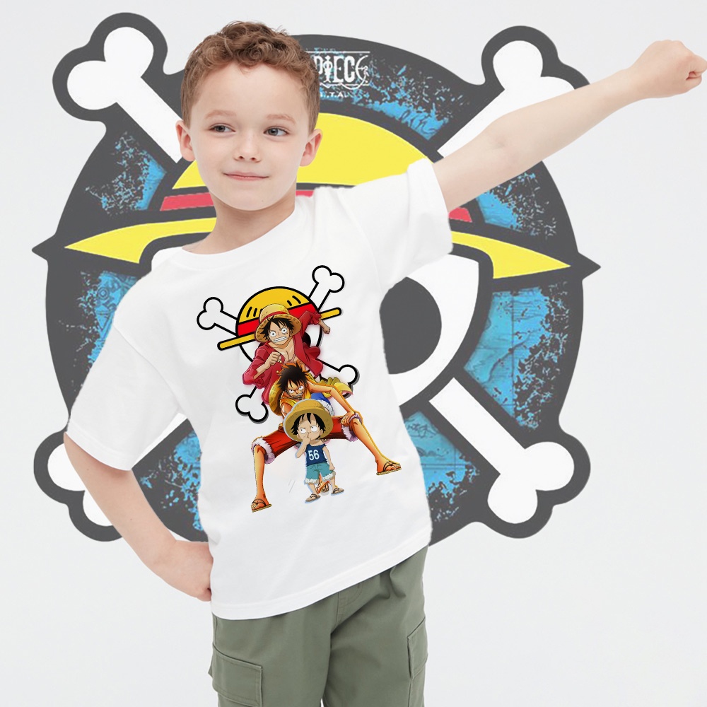เสื้อยืด พิมพ์ลายอนิเมะ One Piece Luffy แฟชั่นสําหรับเด็กผู้ชาย และเด็กผู้หญิง