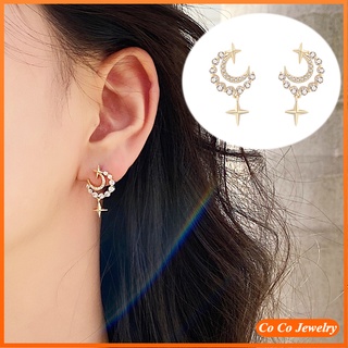 Women Star Moon Earring  Rhinestone Ear Stud Earrings Alloy Hollow Out Women Earrings Gold Color Fashion Jewelry