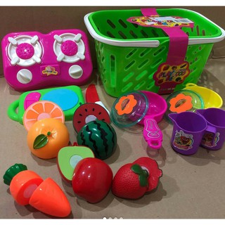 firstbuy_ชุดเครื่องครัวหั่นผักผลไม้พร้อมตะกร้า Play Food Set ( สีชมพู/เขียว/ฟ้า)