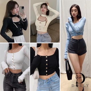 เสื้อยืดแขนยาวปาดไหล่ พร้อมส่ง เสื้อครอปแขนยาวปาดไหล่สีพื้น ลุคสาวแซ่บ สายฝอ