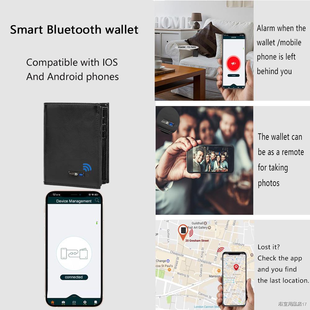 ✔❒✢Smart  Bluetooth-compatible Wallet Anti-lost Genuine leather Mens Wallets card holder Wallet Finder Gifts Free engrav