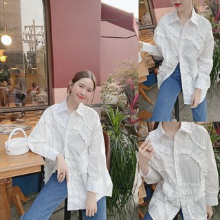 ขาว/ดำ 🍿 SLYQ MAZE RUFFLE OVERSIZED SHIRT DRESS เชิ้ตเดรสแขนยาวแต่งระบาย เดรสเชิ้ต