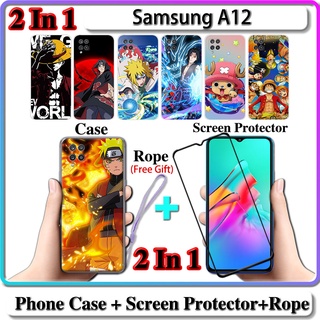 2 IN 1 เคส Samsung A12 เคส พร้อมกระจกนิรภัยโค้ง เซรามิค ป้องกันหน้าจอ นารูโตะ และ One Piece