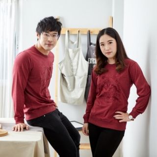 เสื้อแขนยาว Sweater ปัก ลายหมาป่า ผ้านิ่ม COTTON 100% burgundy