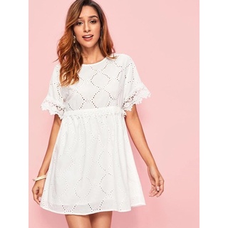 พร้อมส่ง SHEIN Guipure Lace Trim Schiffy Smock Dress