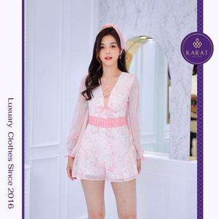 KARAT Boutique  PlaySuit แขนยาวผ้าซีฟองเกรดพรีเมียม ผูกโบว์ปลายแขน ช่วงหน้าอกร้อยเชือกถักไขว้ผูกโบว์