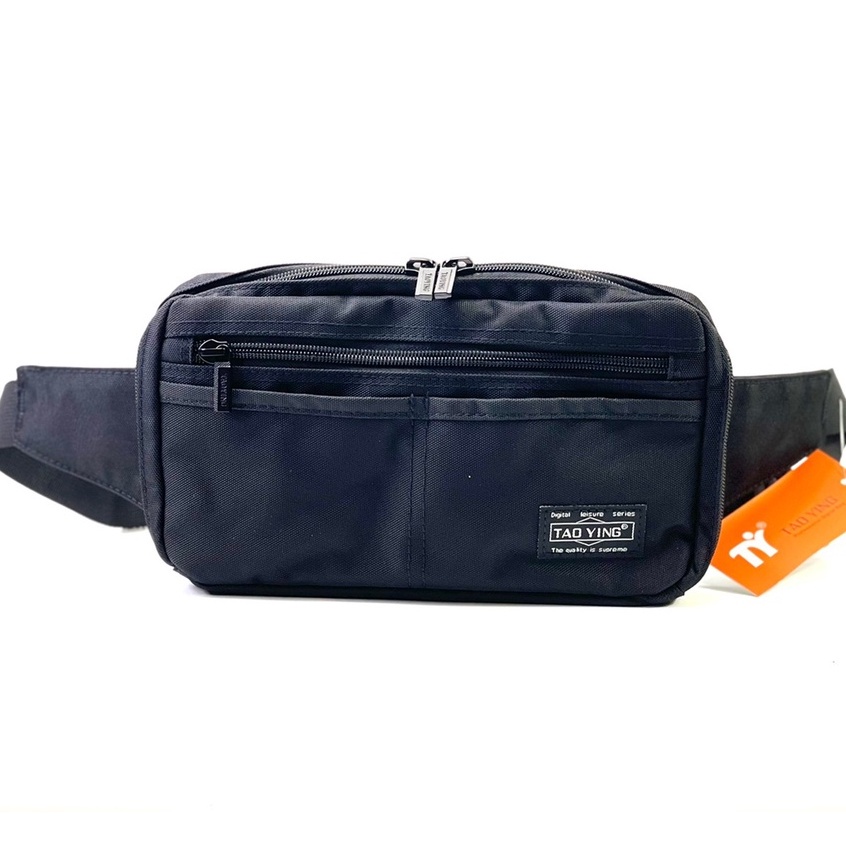 ac Chinatown leather กระเป๋าคาดเอวสะพายหน้าอกผ้าสีดำ  แบบซิปเยอะหลายชั้น TAO YING