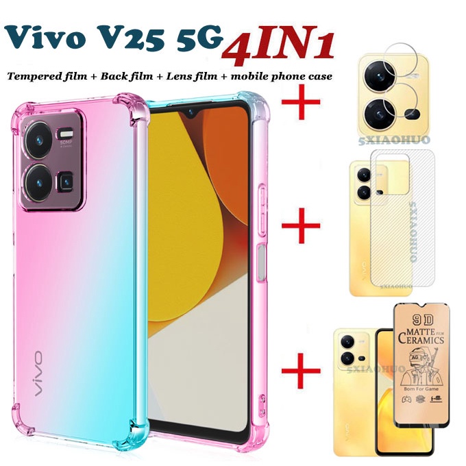 (4IN1) เคสโทรศัพท์มือถือ เซรามิค ฟิล์มนิ่ม ฟิล์มคาร์บอนไฟเบอร์ ฟิล์มกันรอยเลนส์ กันกระแทกสี่มุม สําหรับ vivo V25 5G V25e V23 5G V23E V21 V20 V20pro