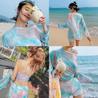 SET3ชิ้น🌼🌴เซตชุดว่ายน้ำ+เสื้อซีทรูแขนยาวสีพาสเทล🍋🌴