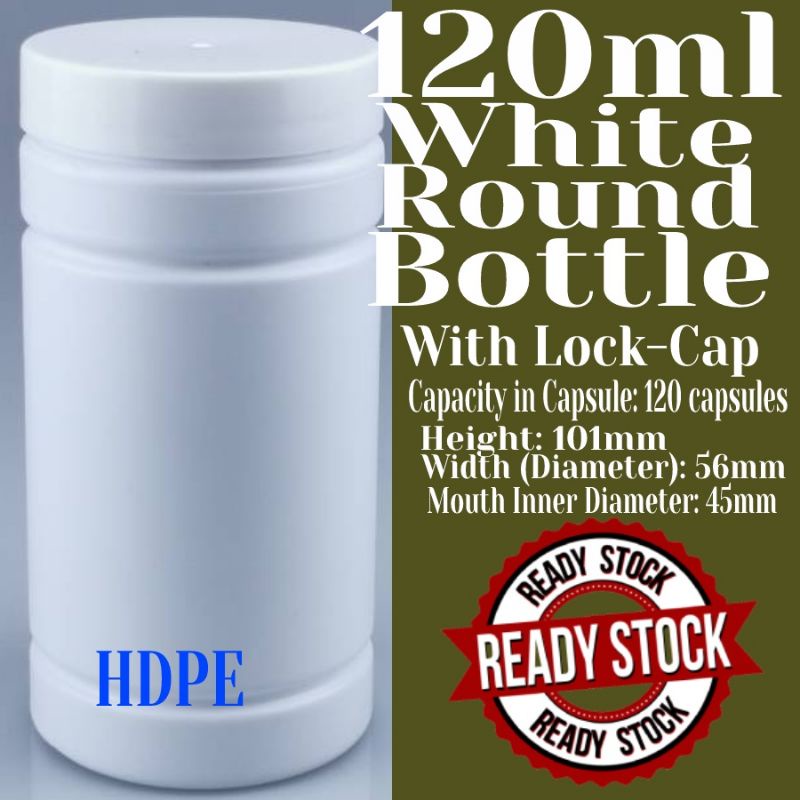 120ML BB435ขวดกลมสีขาว/ ขวดพลาสติก HDPE พร้อม LockCap