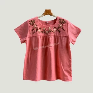 เสื้อผ้าฝ้ายผู้หญิง สวมใส่ง่ายสบายๆ งานปักมือน่ารัก งานถักโครเชต์ คอยูแขนสั้นใส่ทำสวน ปลูกดอกปลูกต้นไม้เข้าครัว