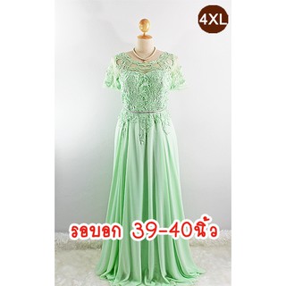 E2225-3-4XL-ชุดราตรียาวคนอ้วน สีเขียวมิ้นท์ ผ้าลูกไม้ปราด้าเล่นเชิง-ผ้าชีฟอง ประดับช่วงเอวด้วยเพชรตาข่าย