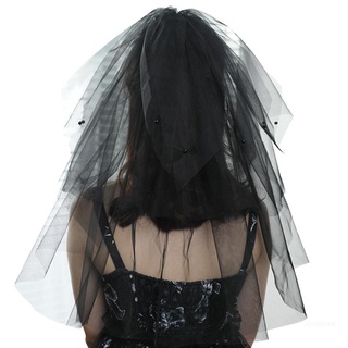 Xixi Wedding Bridal Veil Double Layers Cut Edge Beads Embellished Short Black Tulle