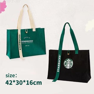 【OMA】Starbucks กระเป๋าช้อปปิ้ง ผ้าแคนวาส ทรงโท้ท ขนาดใหญ่ จุของได้เยอะ ลายแซนวิช เบนโตะ สีเขียว สีดํา สําหรับสํานักงาน