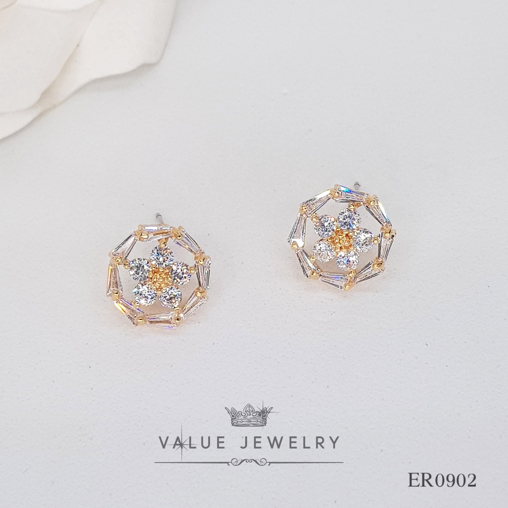 ต่างหูแบบแป้น ลายดอกไม้ Flower คริสตัลแท้ สีทอง ต่างหู ตุ้มหู ขนาดกลาง เครื่องประดับ ER0902 Value Je