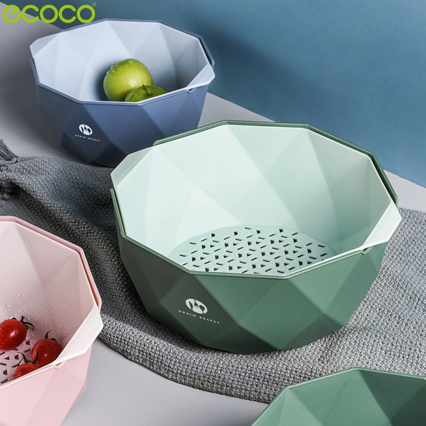 Ecoco กะละมังพลาสติก กะละมังล้างผักผลไม้ มี3สีให้เลือก กะละมัง ตะกร้าล้างผัก 2in 1 มีชั้นระบายน้ำ