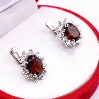 N6402 ต่างหูพลอยโกเมนแท้ ( Garnet ) แบบอิงลิชล็อค ตัวเรือนเงินแท้ 925 ชุบทองคำขาว