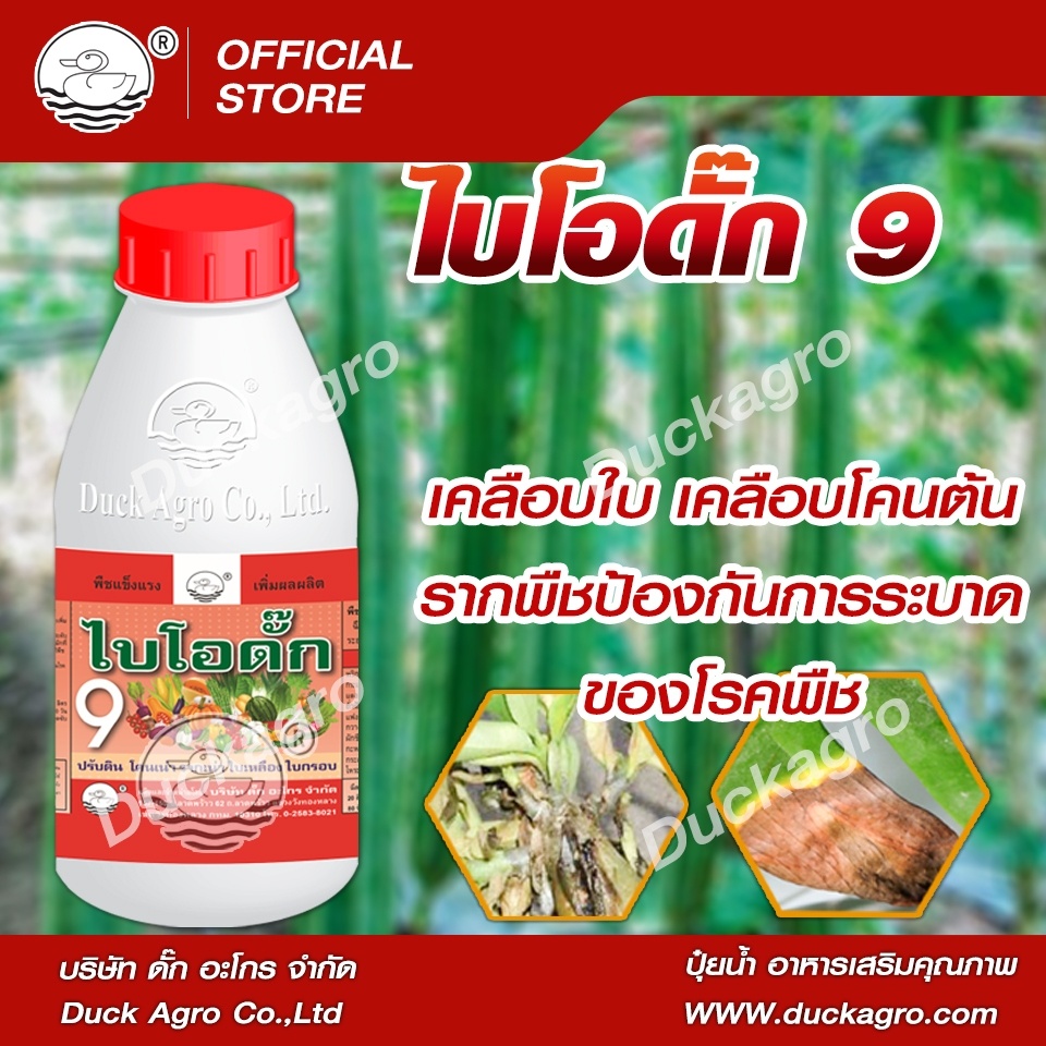 สารเสริมความแข็งแรง ไบโอดั๊ก 9 ตราเป็ด ป้องกันรากเน่า โคนเน่าจากเชื้อรา ป้องกันใบไหม้ ใบจุด บรรจุ 250 / 500 /1,000ซีซี