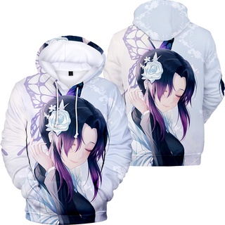 ใหม่ เสื้อกันหนาว เสื้อแจ็กเก็ต แขนยาว มีฮู้ด พิมพ์ลายอนิเมะ Demon Slayer Kochou Shinobu Tsuyuri Kanawo 3D ทรงหลวม สไตล์ญี่ปุ่น แฟชั่นสําหรับเด็กผู้ชาย ผู้หญิง