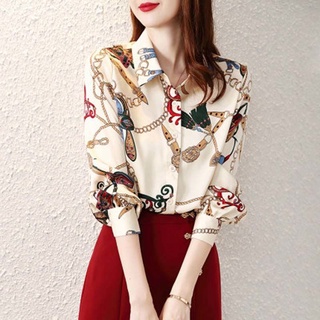 พร้อมส่ง เสื้อทำงานผู้หญิงแขนยาวเกาหลี เสื้อเชิ้ตชีฟอง เสื้อลายแฟชั่น