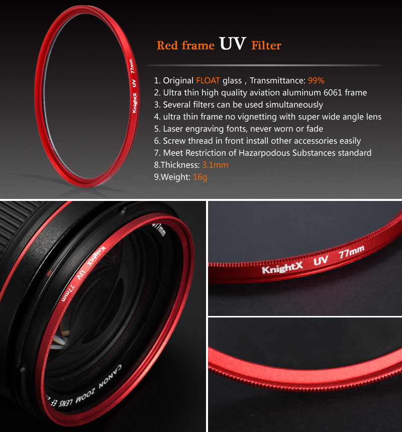 Knightx แว่นตากรองแสง UV เลนส์สีแดง 49 มม. 52 มม. 55 มม. 58 มม. 62 มม. 67 มม. 72 มม. 77 มม.