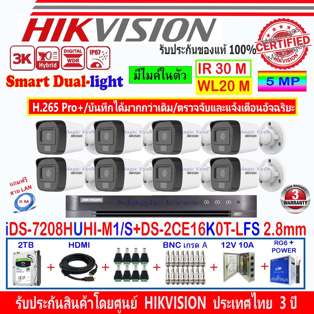 Hikvisionชุดกล้องวงจรปิด 3K รุ่น DS-2CE16K0T-LFS 3.6//2.8 (8)+DVR iDS-7208HUHI-M1/S(1) +ชุด2H2JBP/AC