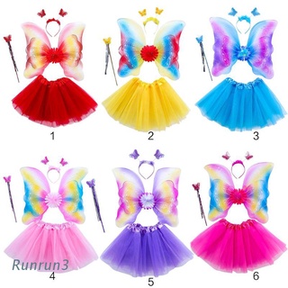 ชุดเครื่องแต่งกายเจ้าหญิงปีกผีเสื้อปีกผีเสื้อสามชั้นกระโปรง Tulle Tutu ที่คาดศีรษะ 4 ชิ้นสําหรับเด็กผู้หญิง 3-8T