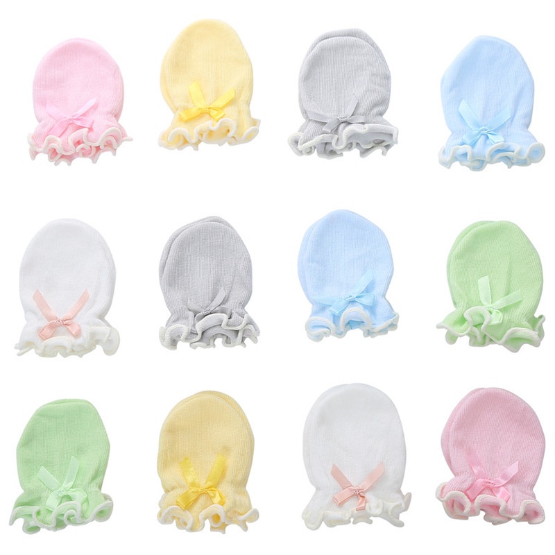 ถุงมือเจ้าหญิง ป้องกันรอยขีดข่วน ติดโบว์ สีพื้น สําหรับเด็กทารก 2 ชิ้น ต่อล็อต