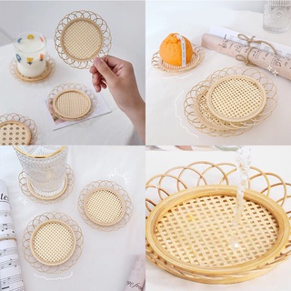 Handmade Bamboo Woven Lace Coaster Tray Anti-scalding Creative Retro Rattan Cup Holder