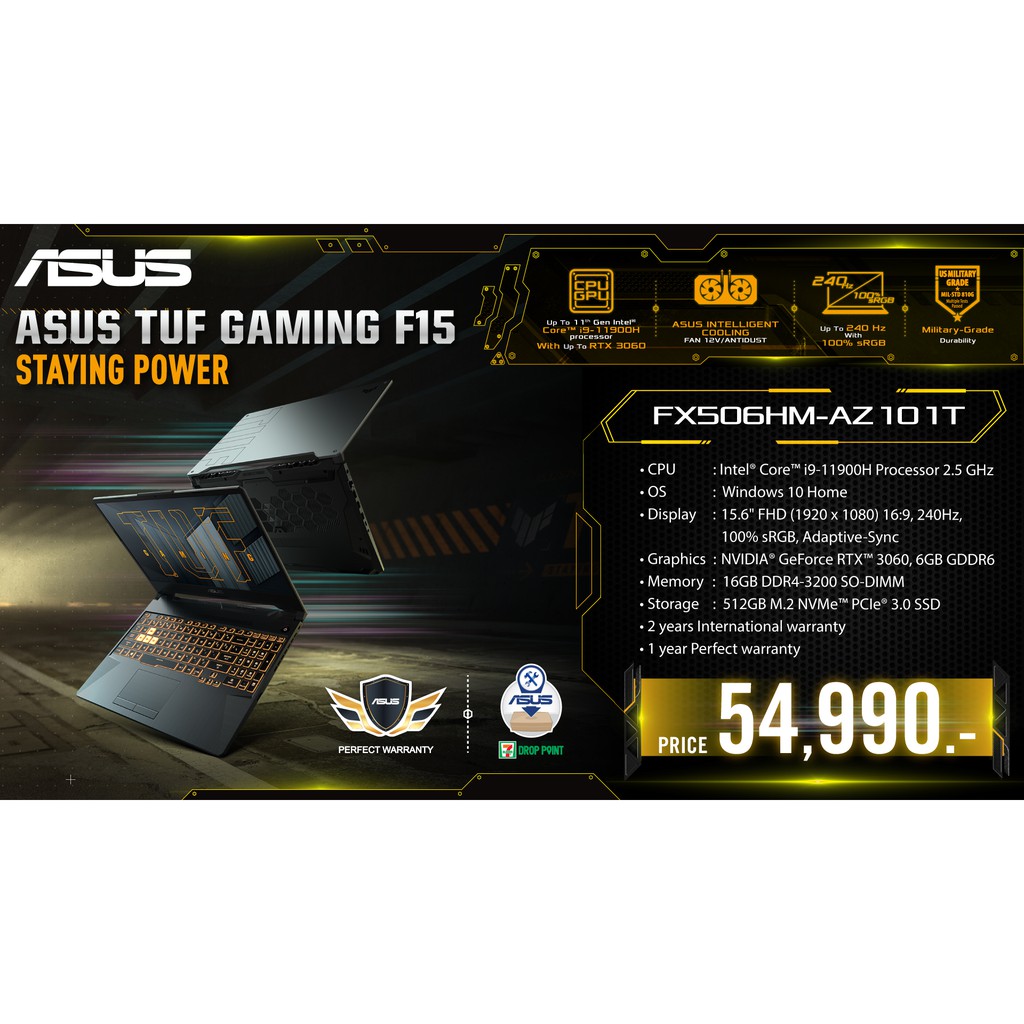 แถมฟรี 7รายการ!!! Laptop Asus TUF F15 (FX506HM-AZ101T)/ Core™ i9-11900H/RAM16GB/1TBSSD/RTX3060 6G/15
