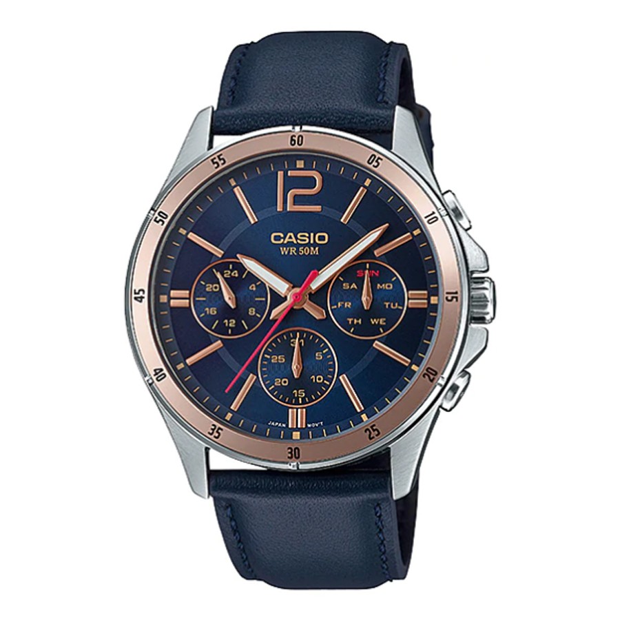 Casio Standard นาฬิกาข้อมือผู้ชาย สายหนัง รุ่น MTP-1374,MTP-1374L,MTP-1374L-2A - สีน้ำเงิน