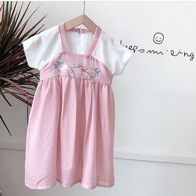 CIKO Hanfu Embroiderey กระต่ายและนก | ชุดเดรสเด็กผู้หญิง | ชุดเด็กนําเข้า | เสื้อผ้านําเข้า