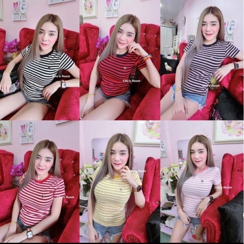 เสื้อยืดรัดรูปนมโตcpsส่อยปิ๊ก(ลายริ้ว)เนื้อผ้าดียืดได้เยอะถึง32-38 มีบริการเก็บปลายทาง