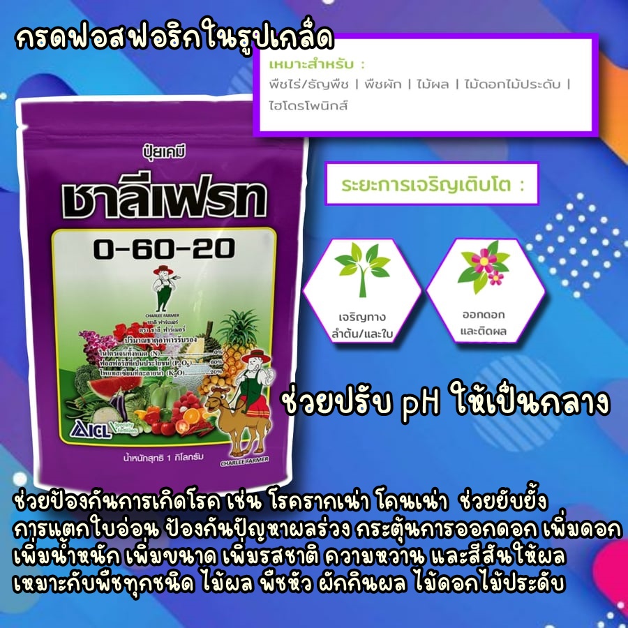ปุ๋ยเกล็ด 0-60-20 ชาลีเฟรท กรดฟอสฟอริก กระตุ้นการออกดอก ป้องกันโรครากเน่าโคนเน่า หยุดใบอ่อน ป้องกันผลร่วง เพิ่มน้ำหนัก