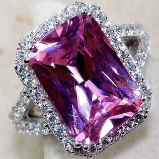 Pink &amp; Sapphire White Topaz แหวนชุบเงิน ทรงสี่เหลี่ยม สีแดง Sz Corundum 6-10