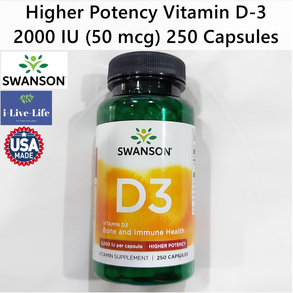 วิตามินดี 3 Higher Potency Vitamin D-3 2000 IU (50 mcg) 250 Capsules - Swanson D3
