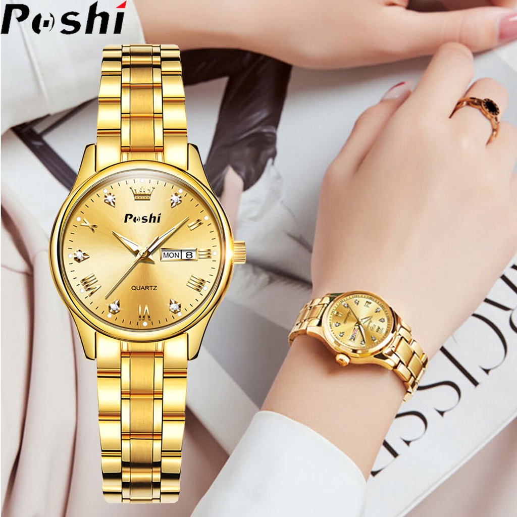 POSHI แฟชั่นควอตซ์นาฬิกาผู้หญิงเกาหลี Dual ปฏิทินหรูหรานาฬิกาข้อมือกันน้ําสุภาพส