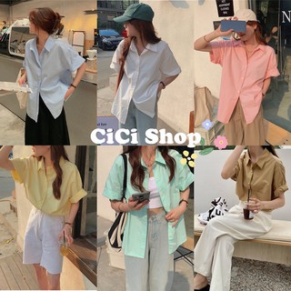 Cicishop(พร้อมส่ง)เสื้อเชิ้ตแขนสั้นพับแขนได้ กระดุมหน้า สีพื้นคอปก เชิ้ตสไตล์เกาหลี(961)