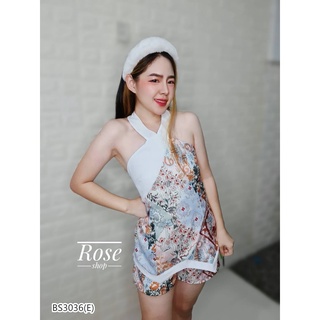 BS3036  เซตขาสั้น เสื้อคล้องคอ แต่งผ้าสลับสี ชุดพิมพ์ลายคมชัด กระดุมคอด้านหลัว 1 เม้ด งานซิปหลัง + กางเกงขาสั้นพิมพ์ลายเ