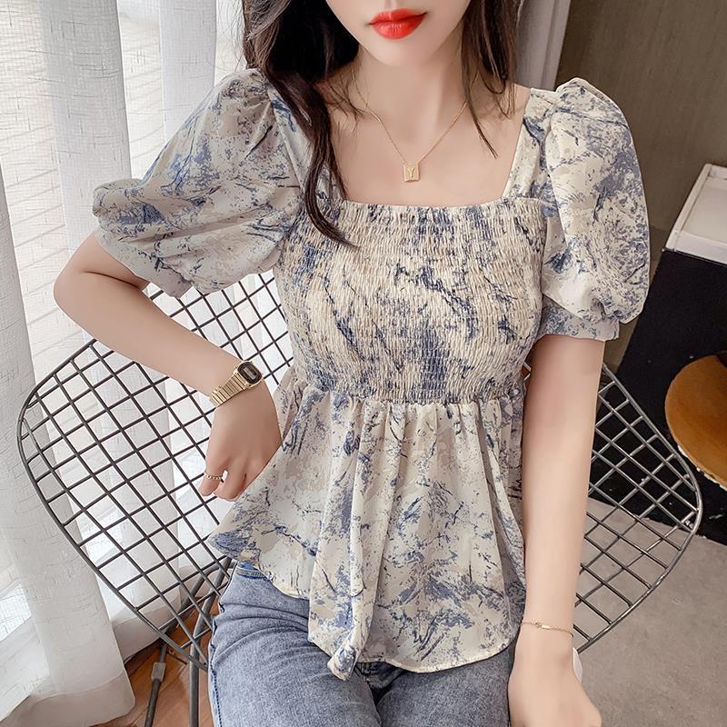 เสื้อเชิ้ตแขนพัฟ คอสี่เหลี่ยม เข้ารูป พิมพ์ลาย แฟชั่นฤดูร้อน สําหรับผู้หญิง 2025