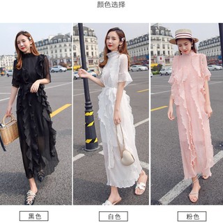 ส่งฟรี สีดำ สีชมพู เดรสพลีท คอปีน แต่งระบายผ้าพลีท มีผ้าผูก ผ้านุ่มเบา ใส่สบาย