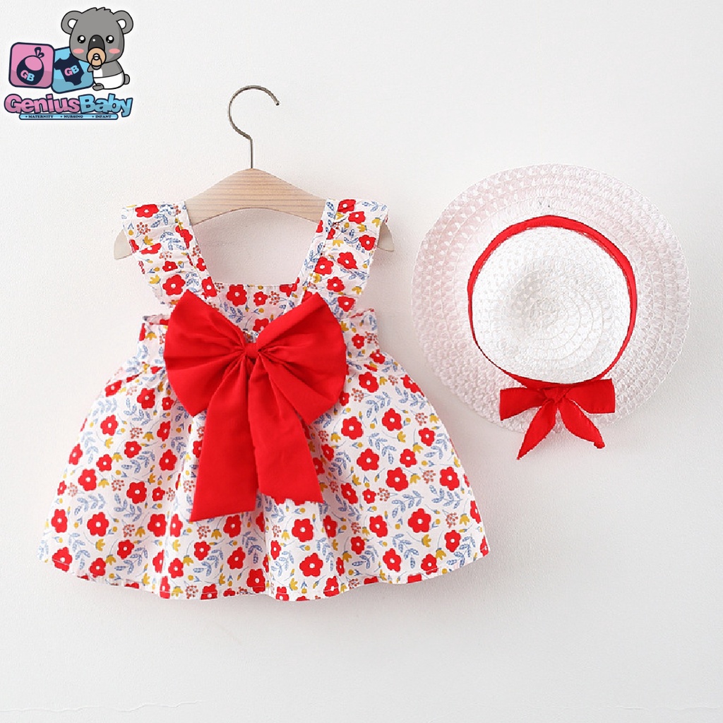 [ Genius Baby House ] 3m-3y Baby Girl Cotton Red Clothing Dress & Hat C3547