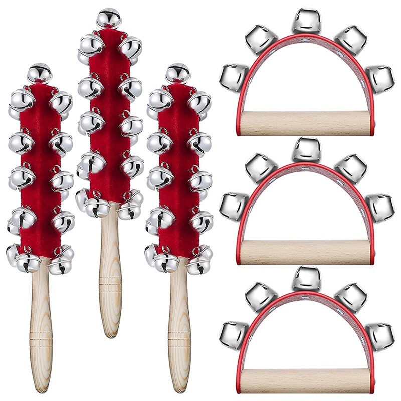 6Pcs Christmas Hand Jingle Bells Wooden Hand Sleigh Bells Jingle Shaker Bells Red Handhold Bell